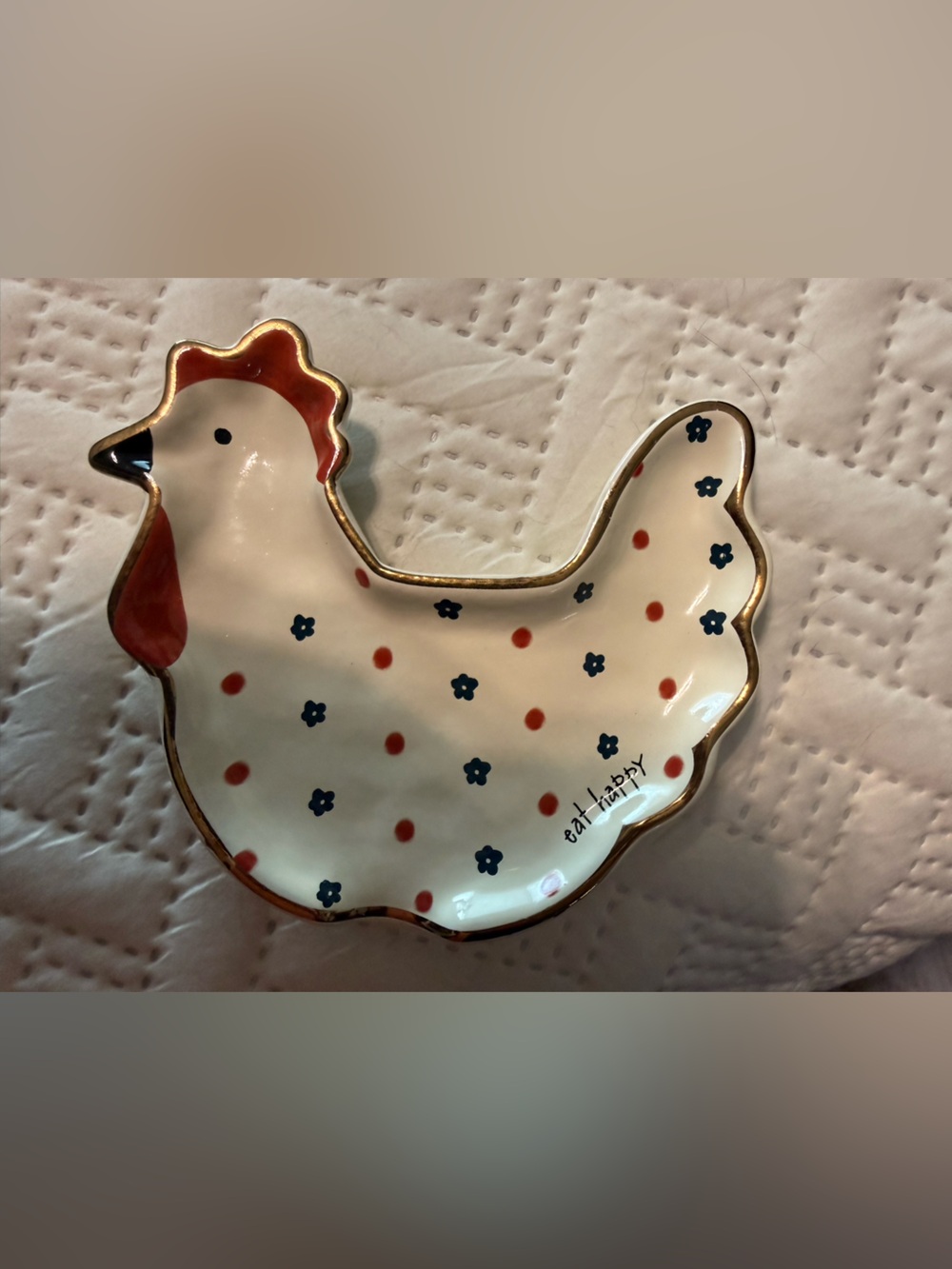 Natural Life Ceramic Spoon Rest or Trinket Dish- Eat Happy Chicken